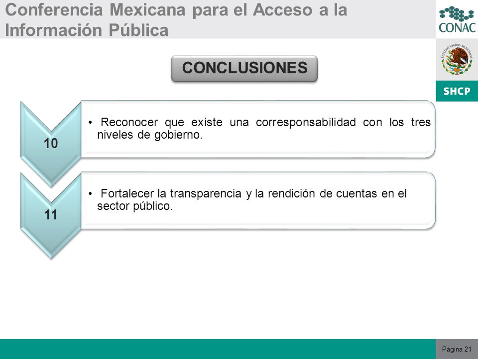 Página 21 Conferencia Mexicana para el Acceso a la Información Pública CONCLUSIONES 10 Reconocer que existe una corresponsabilidad con los tres niveles de gobierno.