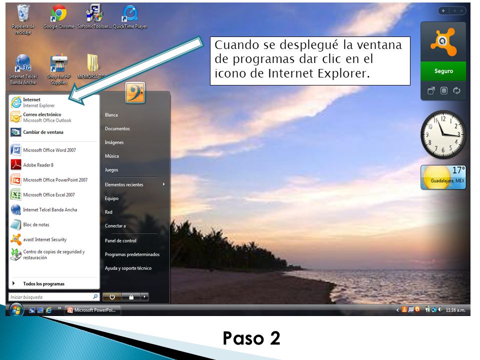 Paso 2 Cuando se desplegué la ventana de programas dar clic en el icono de Internet Explorer.