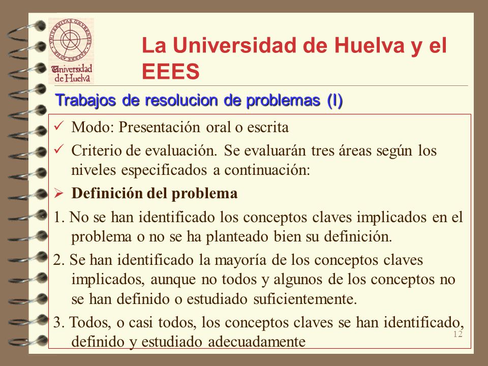 12 La Universidad de Huelva y el EEES Modo: Presentación oral o escrita Criterio de evaluación.
