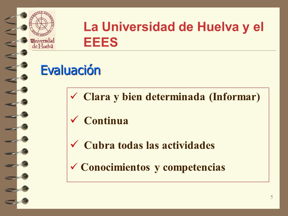 5 La Universidad de Huelva y el EEES Evaluación Clara y bien determinada (Informar) Continua Cubra todas las actividades Conocimientos y competencias