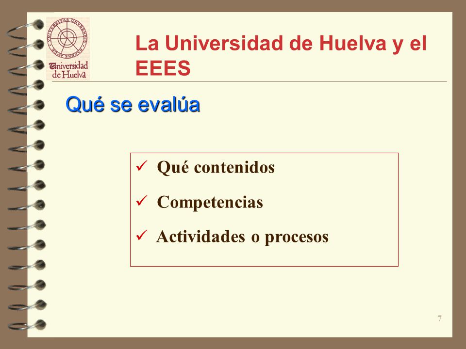 7 La Universidad de Huelva y el EEES Qué contenidos Competencias Actividades o procesos Qué se evalúa