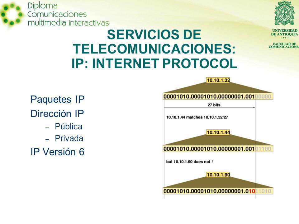 Paquetes IP Dirección IP – Pública – Privada IP Versión 6 SERVICIOS DE TELECOMUNICACIONES: IP: INTERNET PROTOCOL