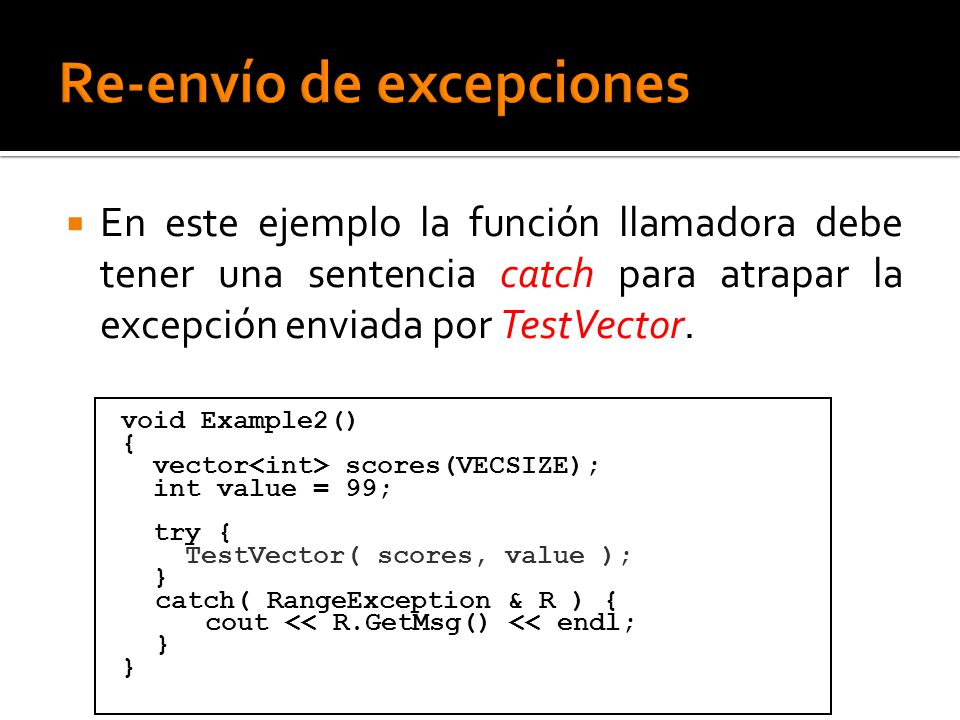 En este ejemplo la función llamadora debe tener una sentencia catch para atrapar la excepción enviada por TestVector.
