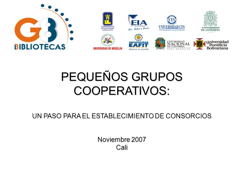 PEQUEÑOS GRUPOS COOPERATIVOS: UN PASO PARA EL ESTABLECIMIENTO DE CONSORCIOS Noviembre 2007 Cali
