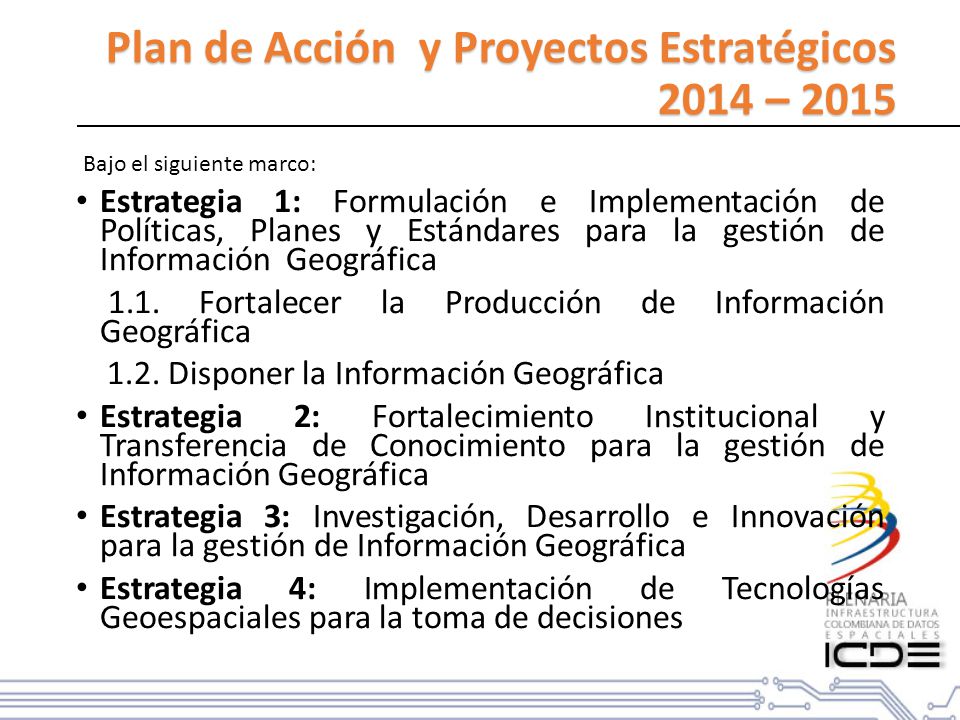 Plan de Acción y Proyectos Estratégicos 2014 – 2015 Estrategia 1: Formulación e Implementación de Políticas, Planes y Estándares para la gestión de Información Geográfica 1.1.