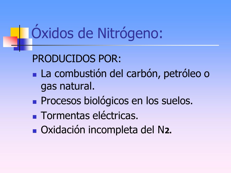 Óxidos de Nitrógeno: PRODUCIDOS POR: La combustión del carbón, petróleo o gas natural.