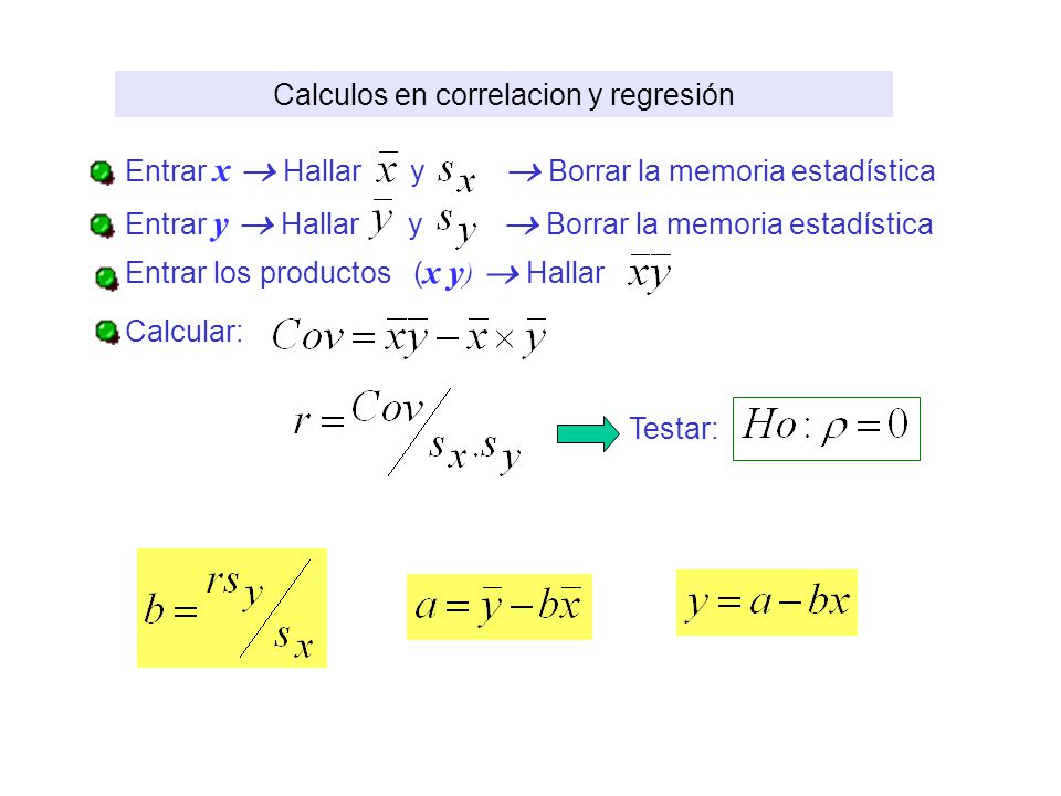 Calculos en correlacion y regresión Entrar x Hallar y Borrar la memoria estadística Entrar y Hallar y Borrar la memoria estadística Entrar los productos ( x y ) Hallar Calcular: Testar: