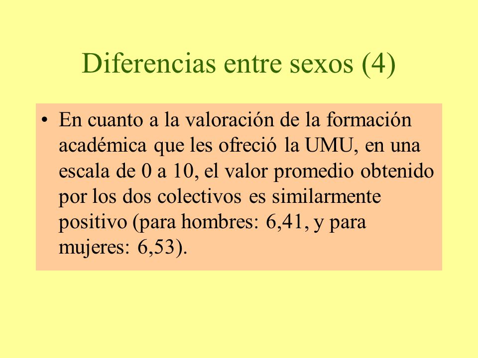 Diferencias entre sexos (4) En cuanto a la valoración de la formación académica que les ofreció la UMU, en una escala de 0 a 10, el valor promedio obtenido por los dos colectivos es similarmente positivo (para hombres: 6,41, y para mujeres: 6,53).