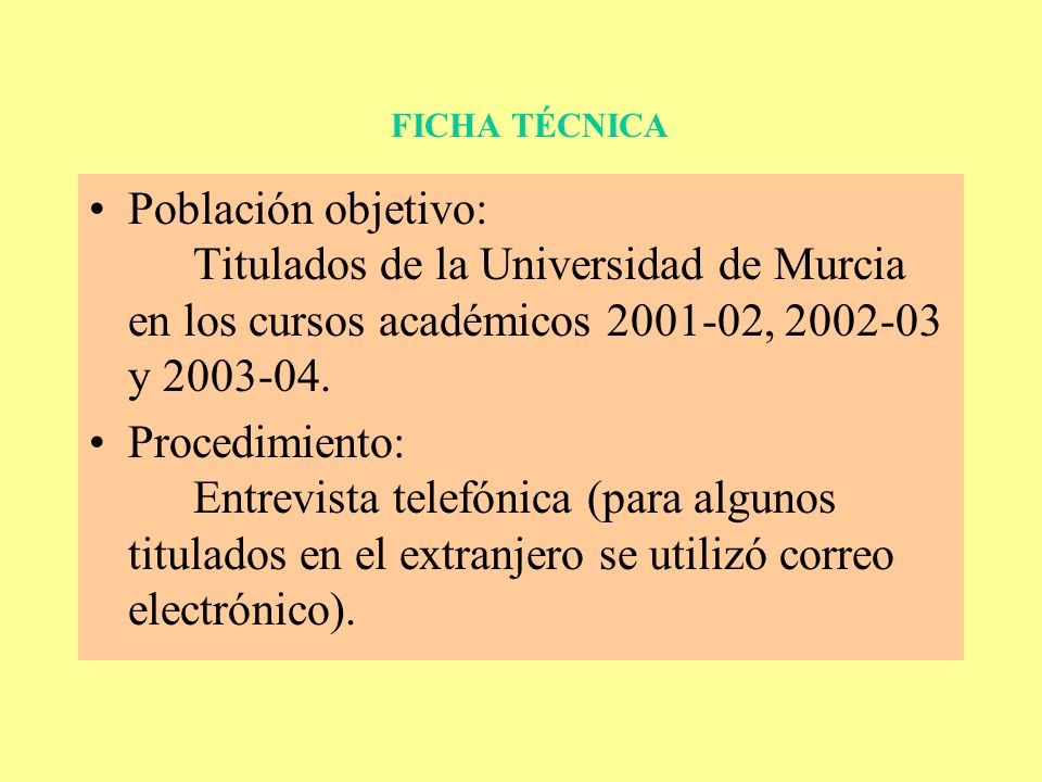 FICHA TÉCNICA Población objetivo: Titulados de la Universidad de Murcia en los cursos académicos , y