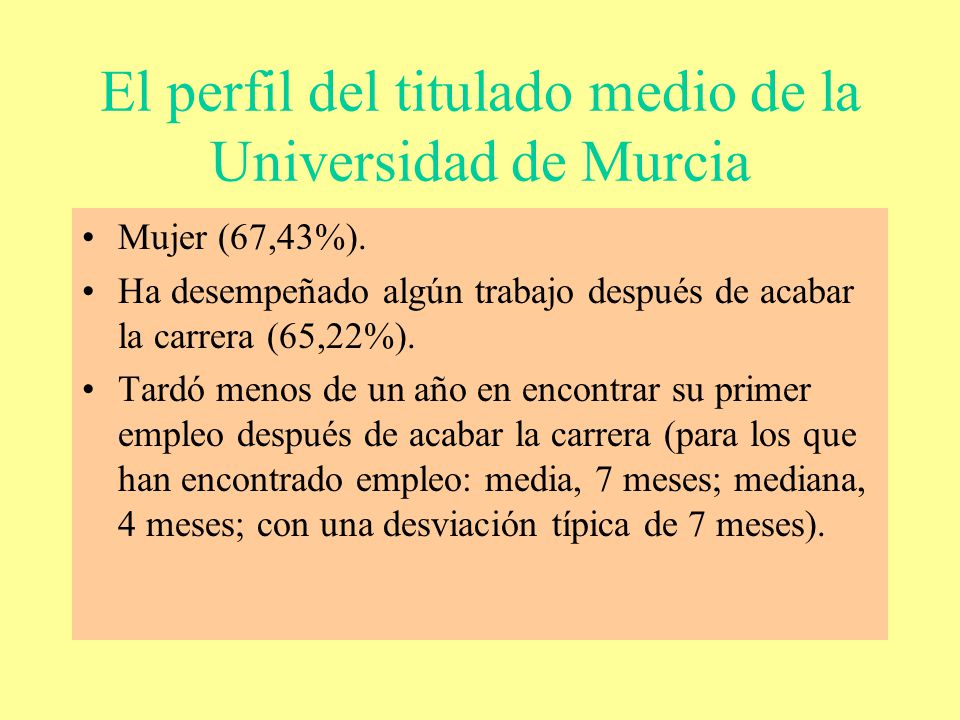 El perfil del titulado medio de la Universidad de Murcia Mujer (67,43%).