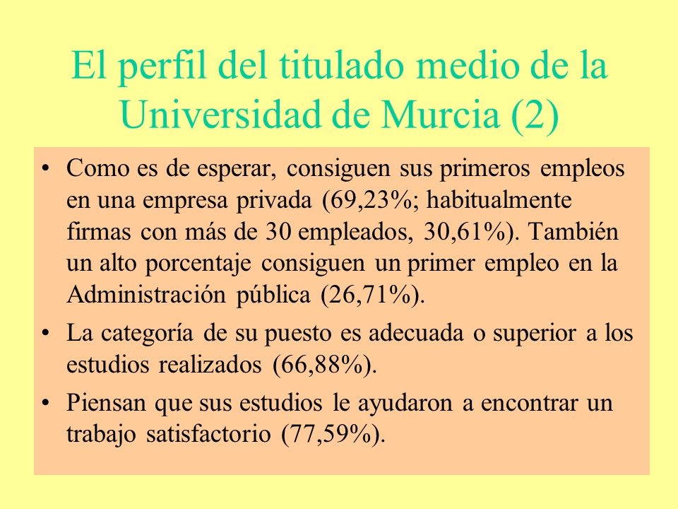 El perfil del titulado medio de la Universidad de Murcia (2) Como es de esperar, consiguen sus primeros empleos en una empresa privada (69,23%; habitualmente firmas con más de 30 empleados, 30,61%).