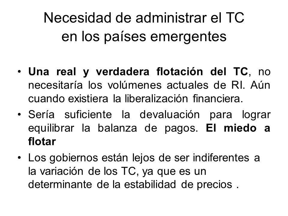 Necesidad de administrar el TC en los países emergentes Una real y verdadera flotación del TC, no necesitaría los volúmenes actuales de RI.