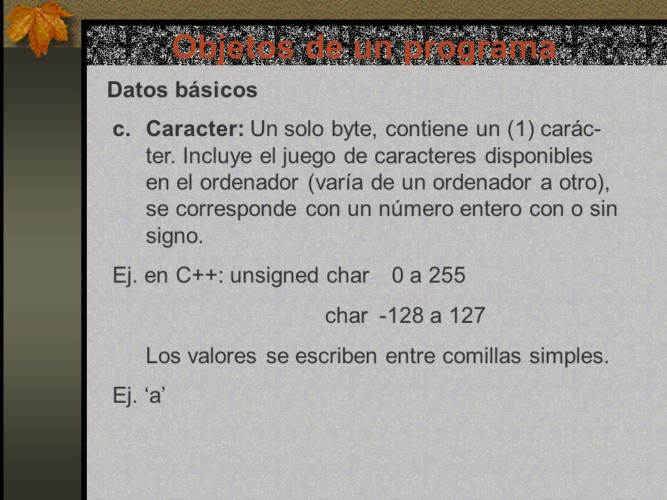 Objetos de un programa Datos básicos c.Caracter: Un solo byte, contiene un (1) carác- ter.