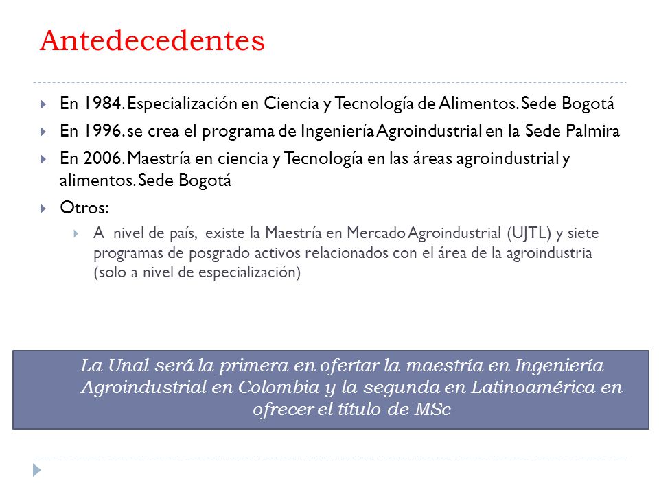 Antedecedentes En Especialización en Ciencia y Tecnología de Alimentos.