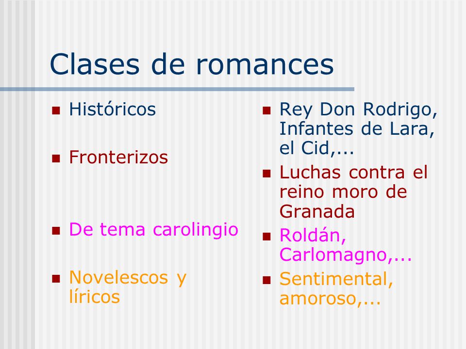 Clases de romances Históricos Fronterizos De tema carolingio Novelescos y líricos Rey Don Rodrigo, Infantes de Lara, el Cid,...