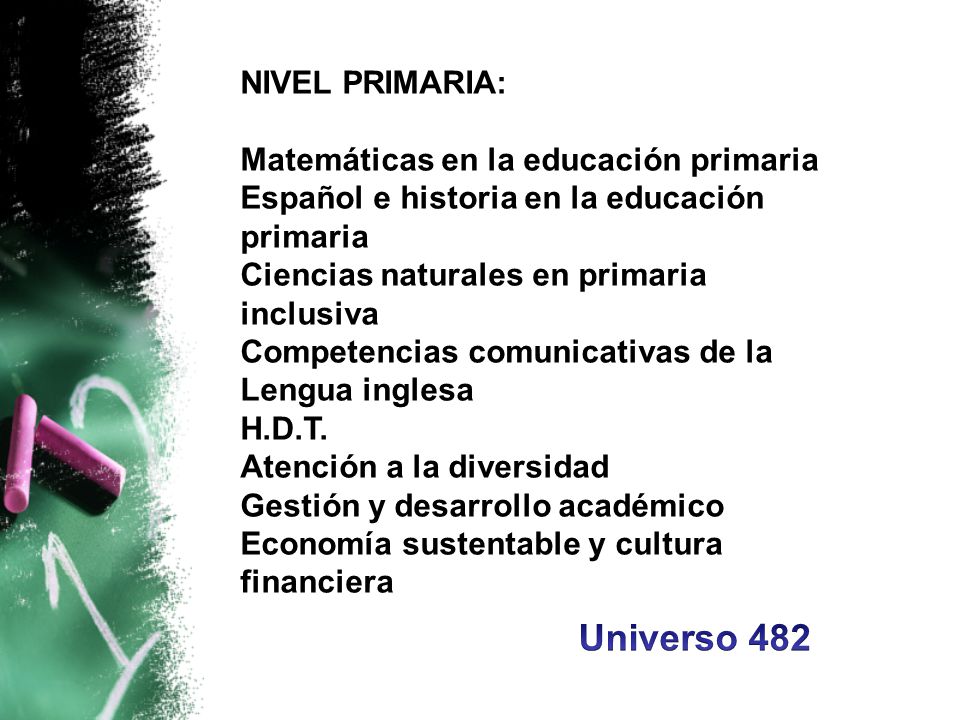 NIVEL PRIMARIA: Matemáticas en la educación primaria Español e historia en la educación primaria Ciencias naturales en primaria inclusiva Competencias comunicativas de la Lengua inglesa H.D.T.