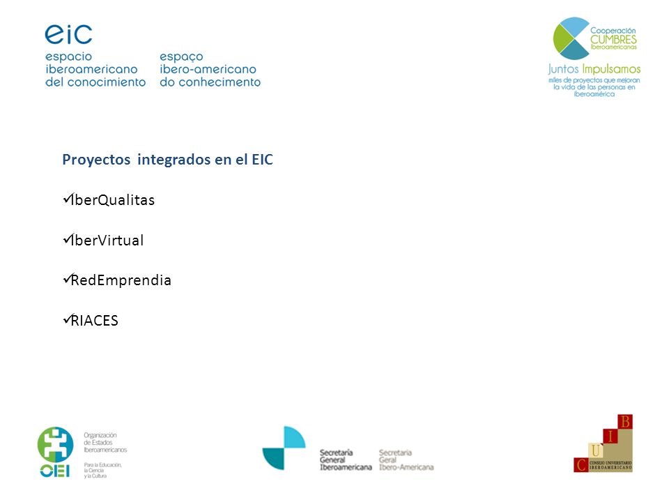 Proyectos integrados en el EIC IberQualitas IberVirtual RedEmprendia RIACES
