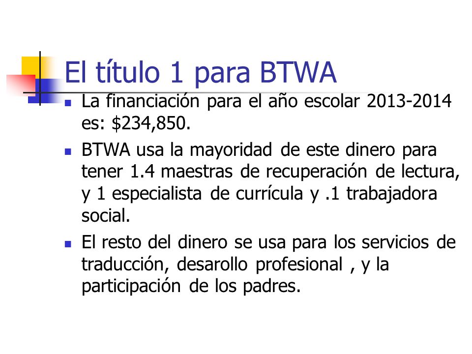 El título 1 para BTWA La financiación para el año escolar es: $234,850.