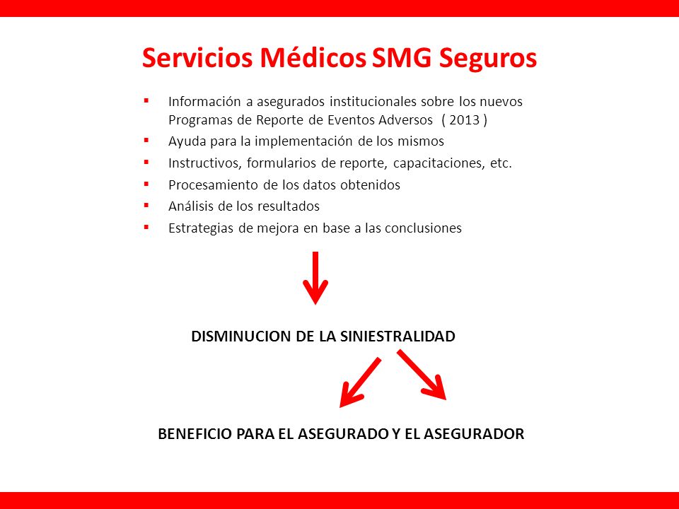 Servicios Médicos SMG Seguros Información a asegurados institucionales sobre los nuevos Programas de Reporte de Eventos Adversos ( 2013 ) Ayuda para la implementación de los mismos Instructivos, formularios de reporte, capacitaciones, etc.