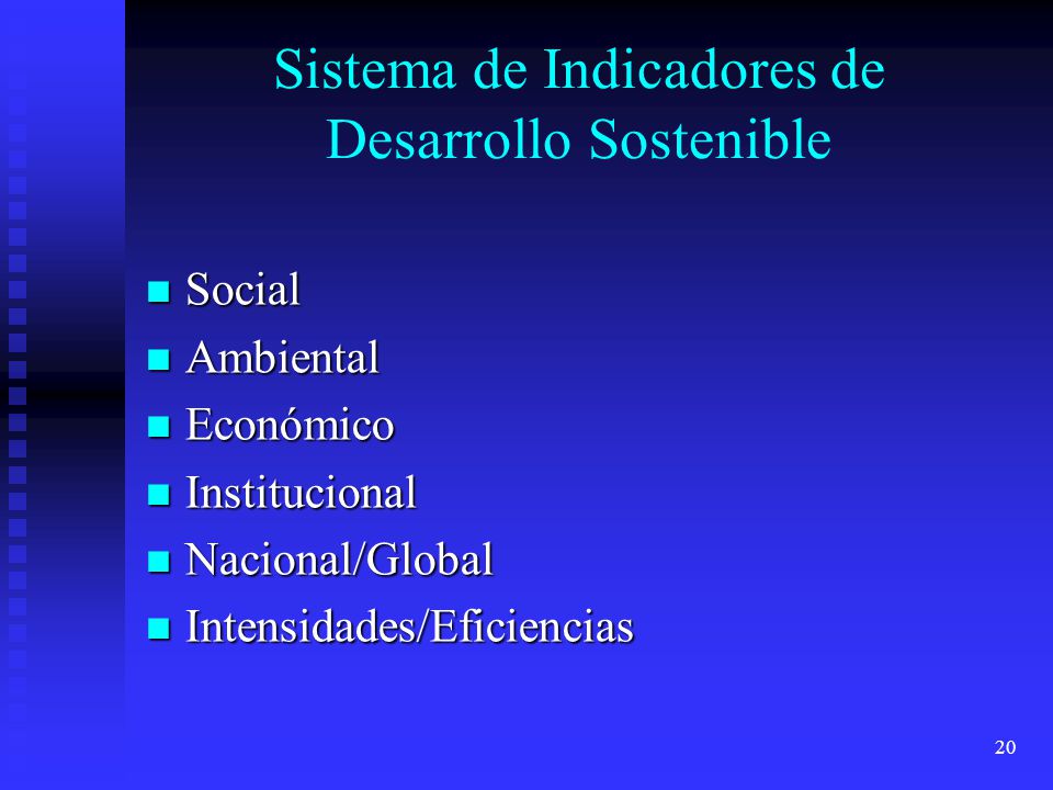20 Sistema de Indicadores de Desarrollo Sostenible Social Social Ambiental Ambiental Económico Económico Institucional Institucional Nacional/Global Nacional/Global Intensidades/Eficiencias Intensidades/Eficiencias