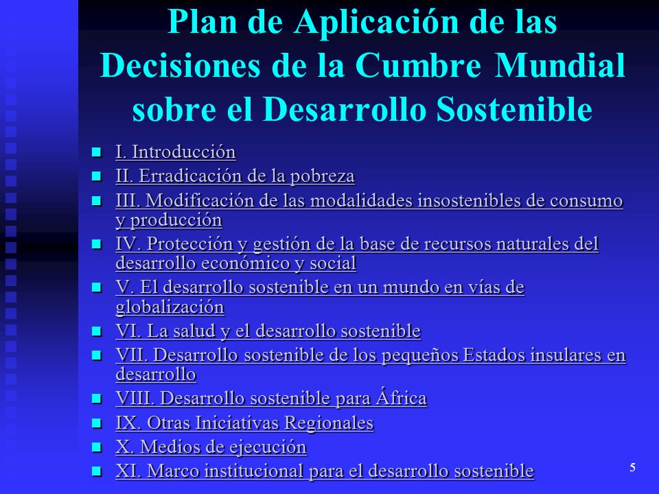5 Plan de Aplicación de las Decisiones de la Cumbre Mundial sobre el Desarrollo Sostenible I.