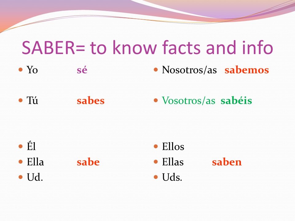 SABER= to know facts and info Yosé Túsabes Él Ellasabe Ud.