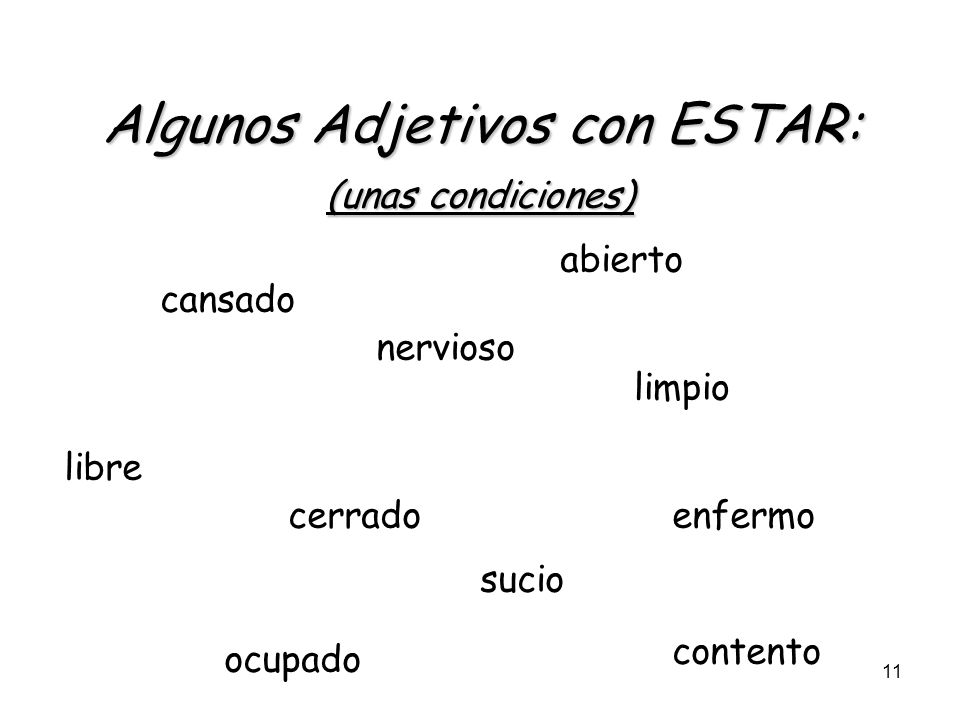 10 Los usos del verbo Estar: Health Emotions Location of a person or thing Preposition
