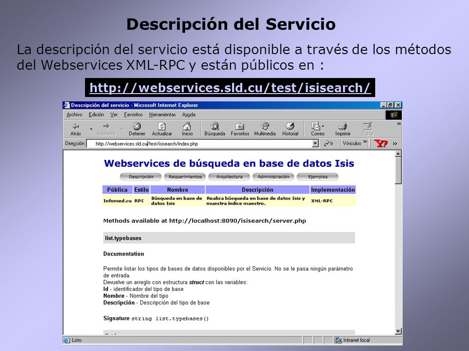 Descripción del Servicio La descripción del servicio está disponible a través de los métodos del Webservices XML-RPC y están públicos en :