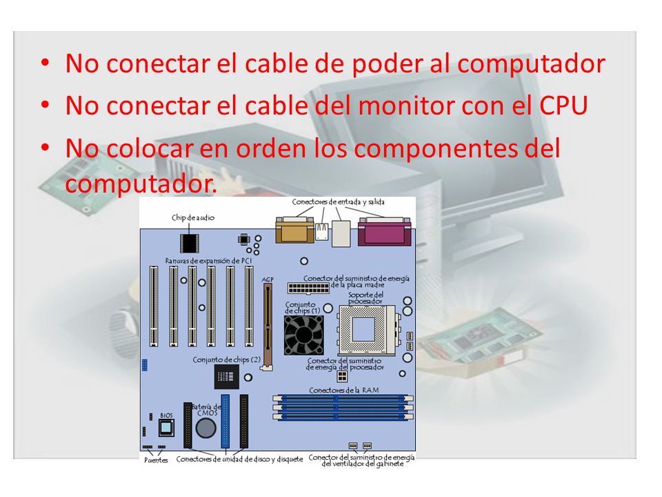No conectar el cable de poder al computador No conectar el cable del monitor con el CPU No colocar en orden los componentes del computador.
