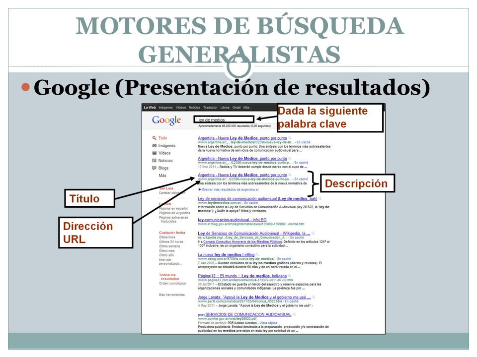 Google (Presentación de resultados) MOTORES DE BÚSQUEDA GENERALISTAS