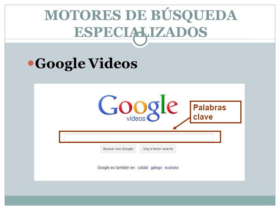 Google Videos MOTORES DE BÚSQUEDA ESPECIALIZADOS Palabras clave