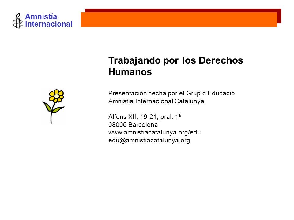 Amnistía Internacional Trabajando por los Derechos Humanos Presentación hecha por el Grup dEducació Amnistia Internacional Catalunya Alfons XII, 19-21, pral.