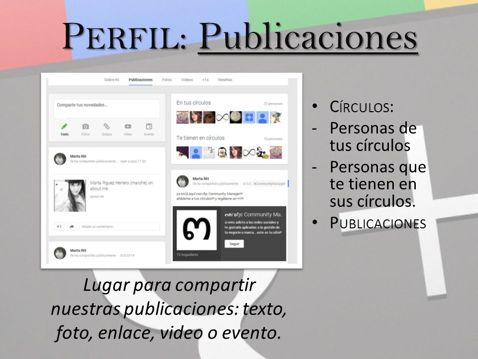 P ERFIL : Publicaciones Lugar para compartir nuestras publicaciones: texto, foto, enlace, video o evento.