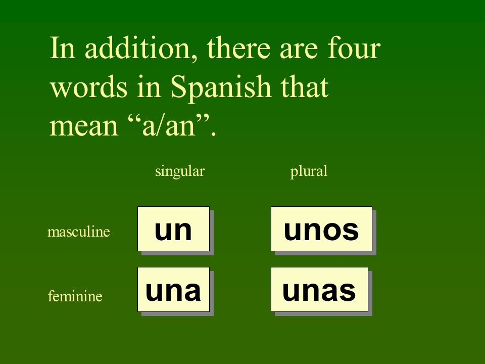 In addition, there are four words in Spanish that mean a/an .