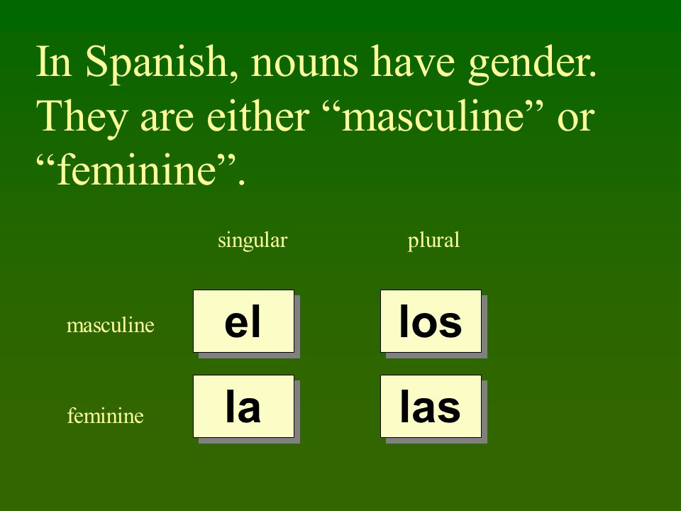 In Spanish, nouns have gender. They are either masculine or feminine .