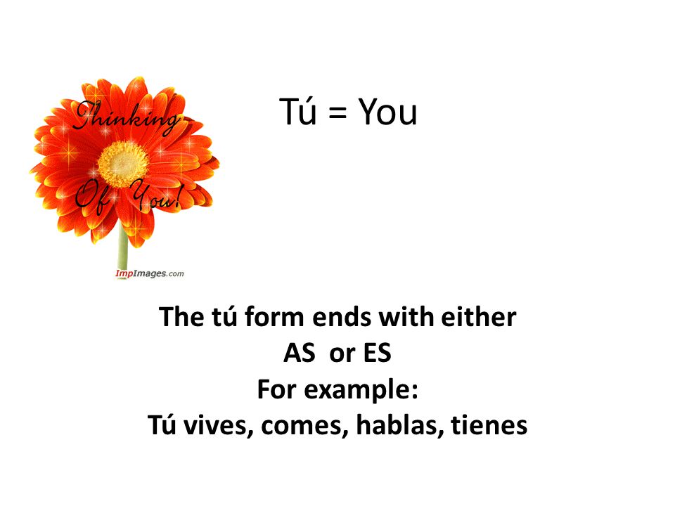 Tú = You The tú form ends with either AS or ES For example: Tú vives, comes, hablas, tienes