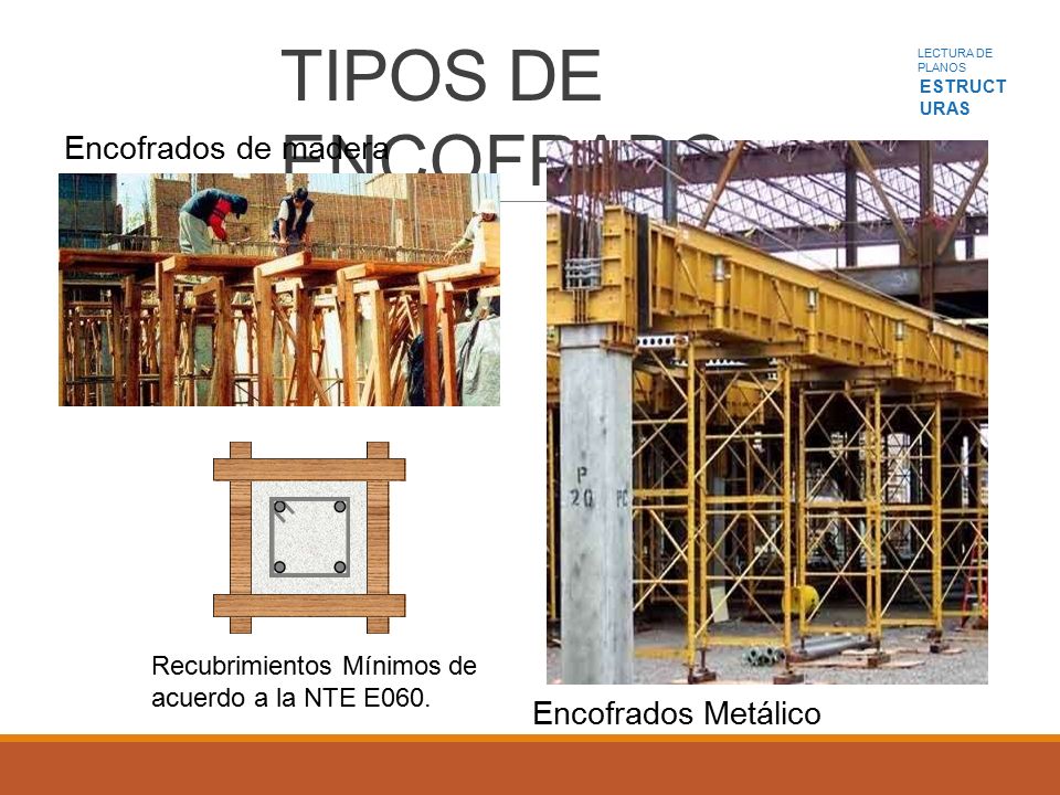 LECTURA DE PLANOS ESTRUCT URAS TIPOS DE ENCOFRADO Encofrados de madera Encofrados Metálico Recubrimientos Mínimos de acuerdo a la NTE E060.