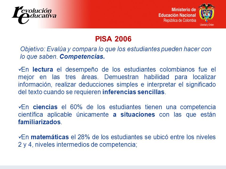 PISA 2006 En lectura el desempeño de los estudiantes colombianos fue el mejor en las tres áreas.