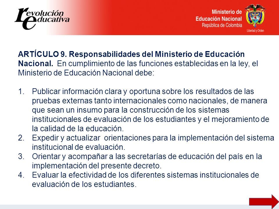 ARTÍCULO 9. Responsabilidades del Ministerio de Educación Nacional.