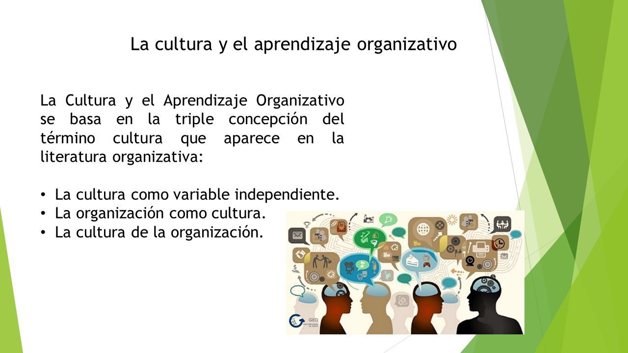 La cultura y el aprendizaje organizativo La Cultura y el Aprendizaje Organizativo se basa en la triple concepción del término cultura que aparece en la literatura organizativa: La cultura como variable independiente.