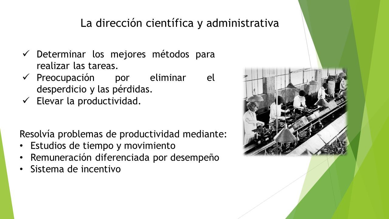 La dirección científica y administrativa Determinar los mejores métodos para realizar las tareas.