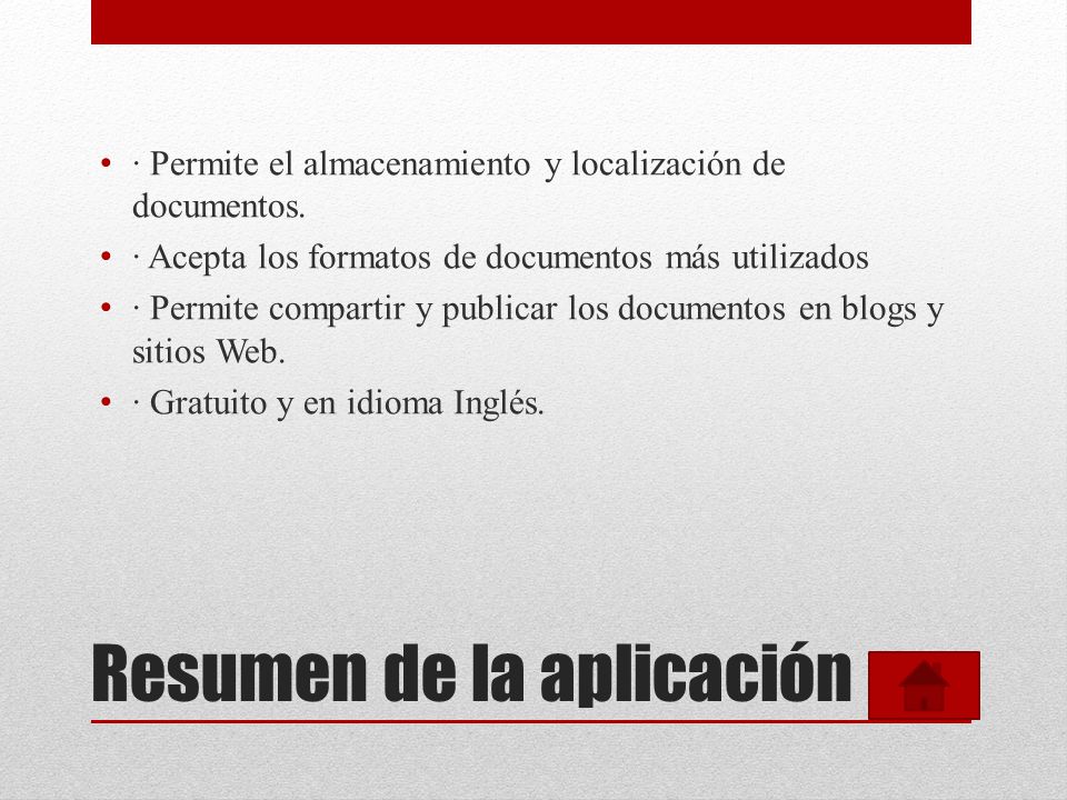 Resumen de la aplicación · Permite el almacenamiento y localización de documentos.