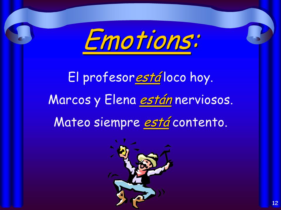 11 Los usos del verbo Estar: Emotions Feelings / Conditions Location of a person or thing