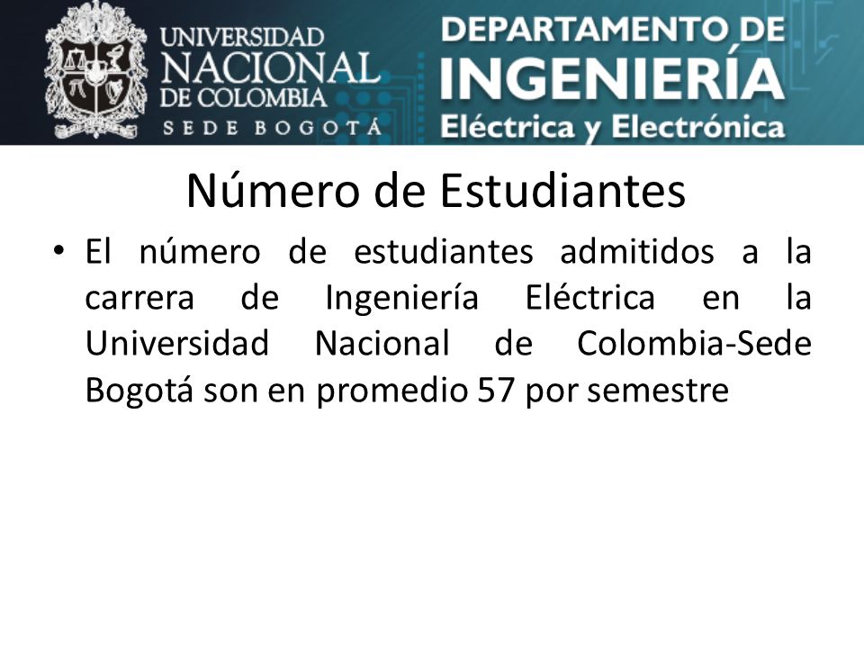 Número de Estudiantes • El número de estudiantes admitidos a la carrera de Ingeniería Eléctrica en la Universidad Nacional de Colombia-Sede Bogotá son en promedio 57 por semestre