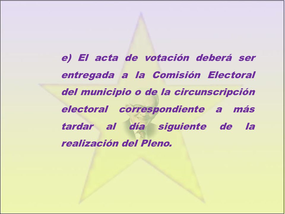 e) El acta de votación deberá ser entregada a la Comisión Electoral del municipio o de la circunscripción electoral correspondiente a más tardar al día siguiente de la realización del Pleno.