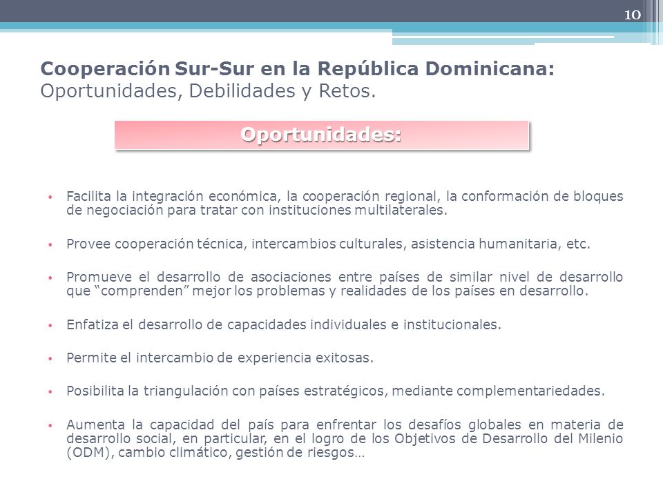 10 Cooperación Sur-Sur en la República Dominicana: Oportunidades, Debilidades y Retos.