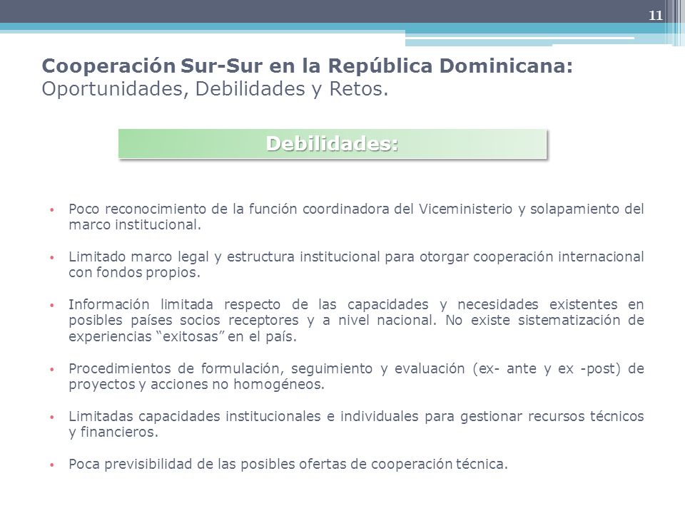 11 Cooperación Sur-Sur en la República Dominicana: Oportunidades, Debilidades y Retos.
