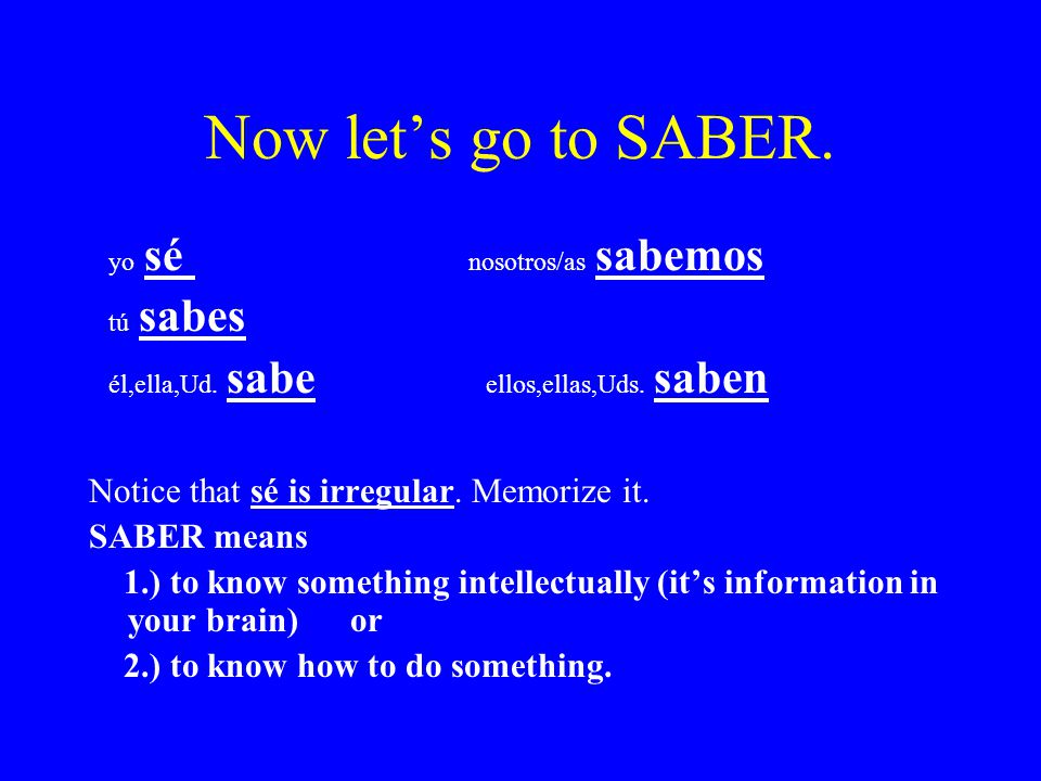 Now let’s go to SABER. yo sé nosotros/as sabemos tú sabes él,ella,Ud.