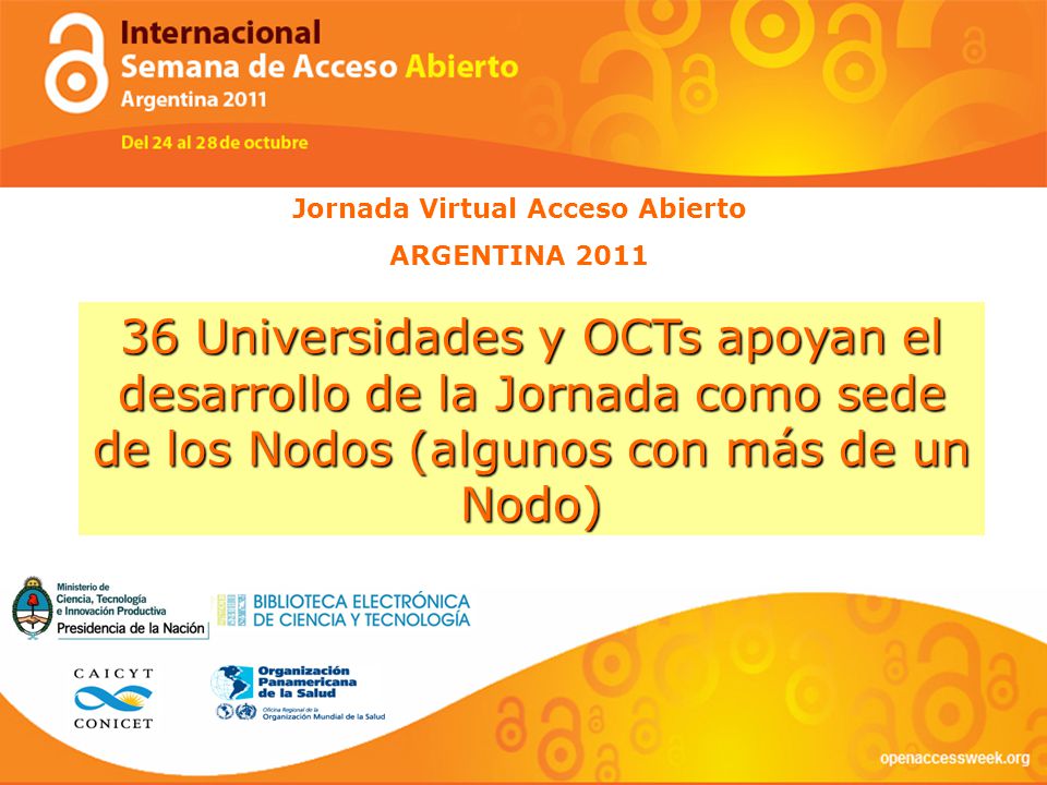 Jornada Virtual Acceso Abierto ARGENTINA Universidades y OCTs apoyan el desarrollo de la Jornada como sede de los Nodos (algunos con más de un Nodo)