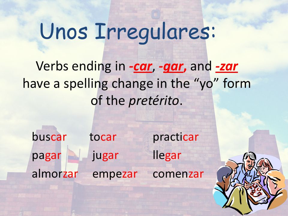 34 Verbs ending in -car, -gar, and -zar have a spelling change in the yo form of the pretérito.